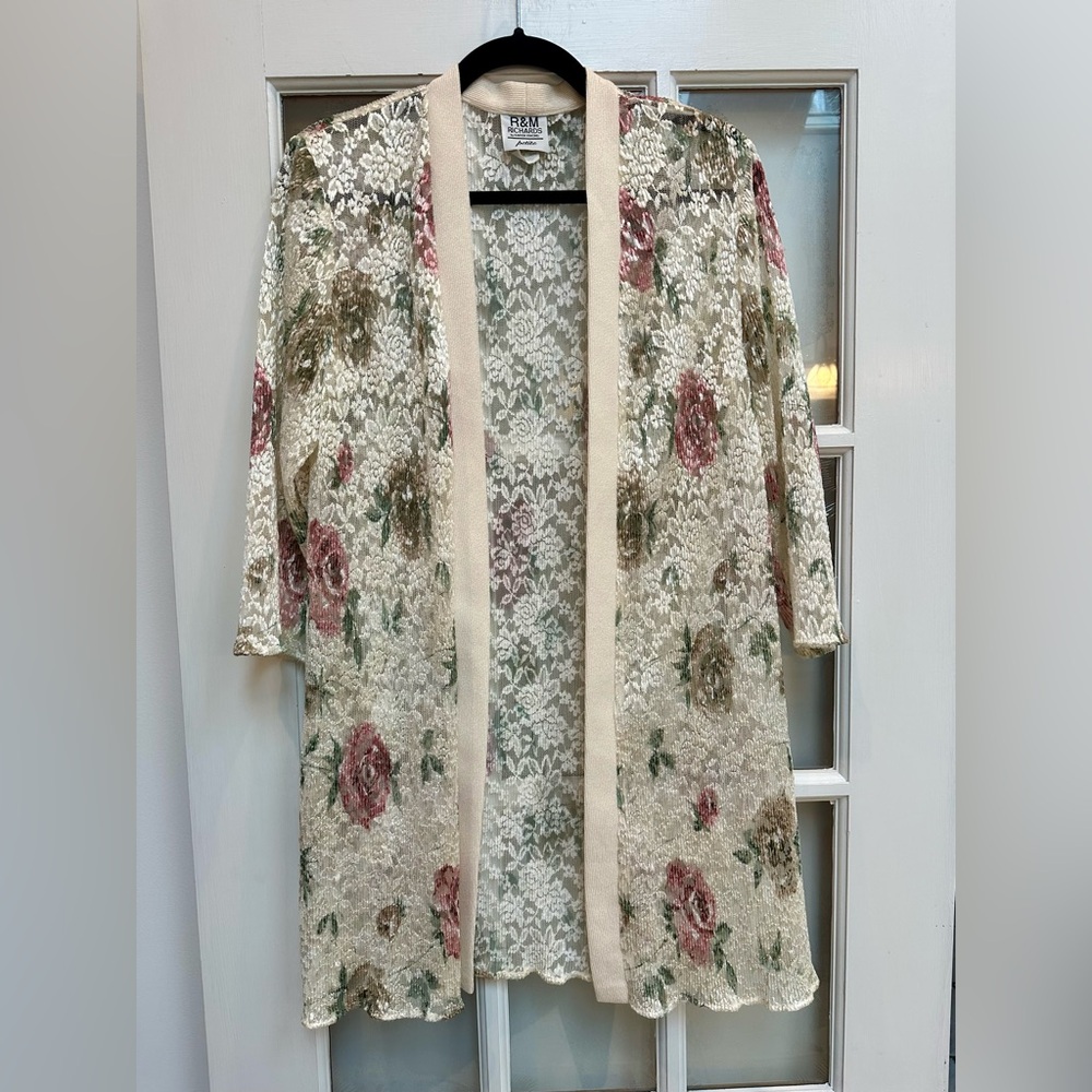 Vintage R&M Richards Floral Rose Lace Duster Cardigan Romantic Fairy Size 10P - Picture 11 of 11